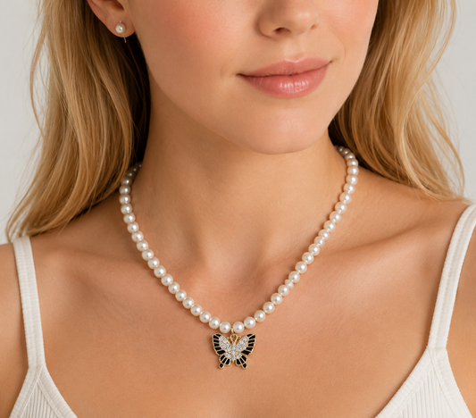 Butterfly Pearl Necklace & Stud Earrings Set