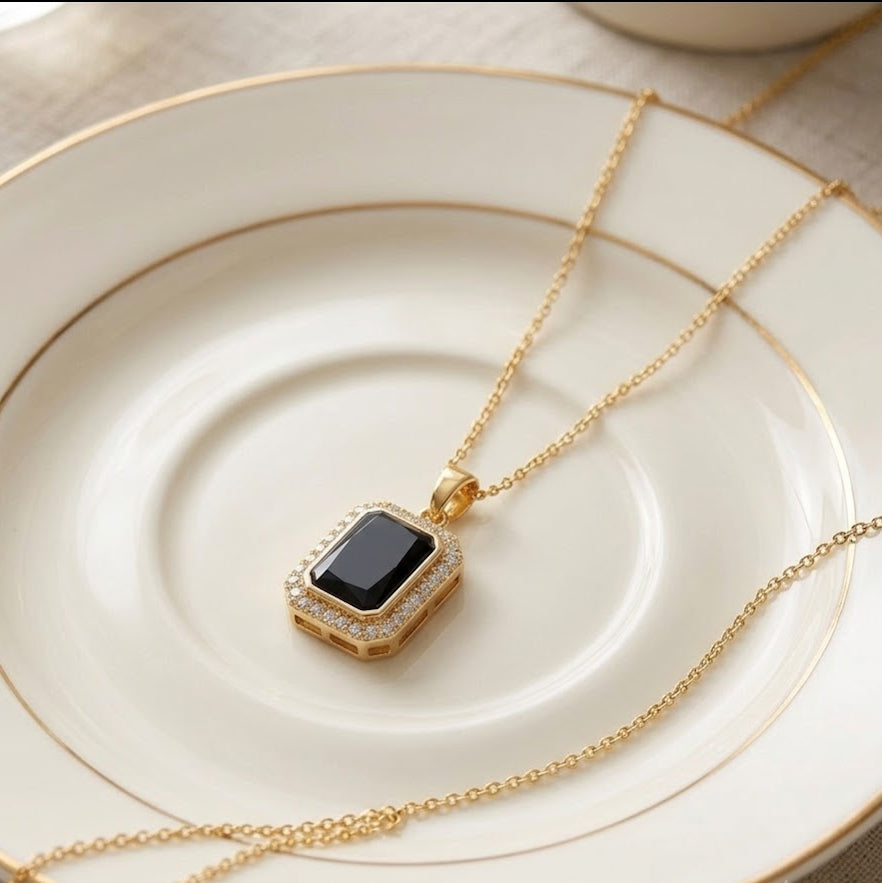 The Midnight Rectangle Halo Pendant.