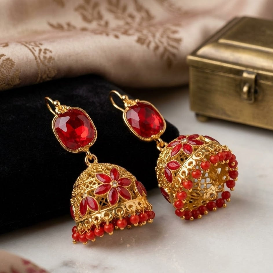Ruby Floral Filigree Jhumkas
