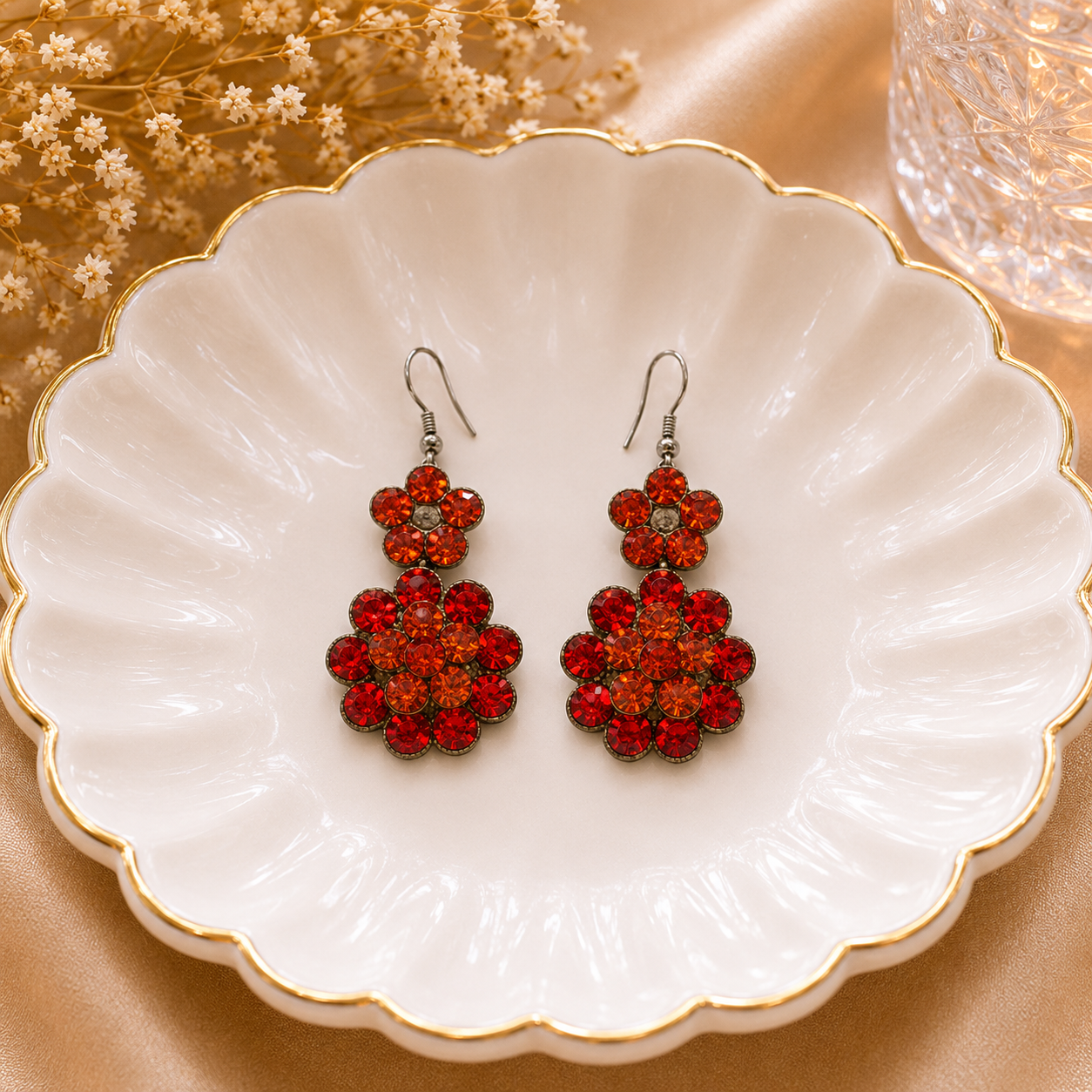 Fiery Floral Crystal Drop Earrings
