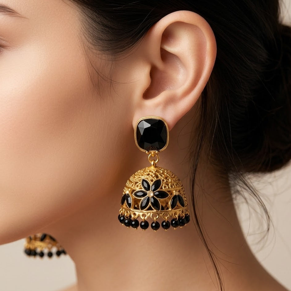 Onyx Floral Filigree Jhumkas