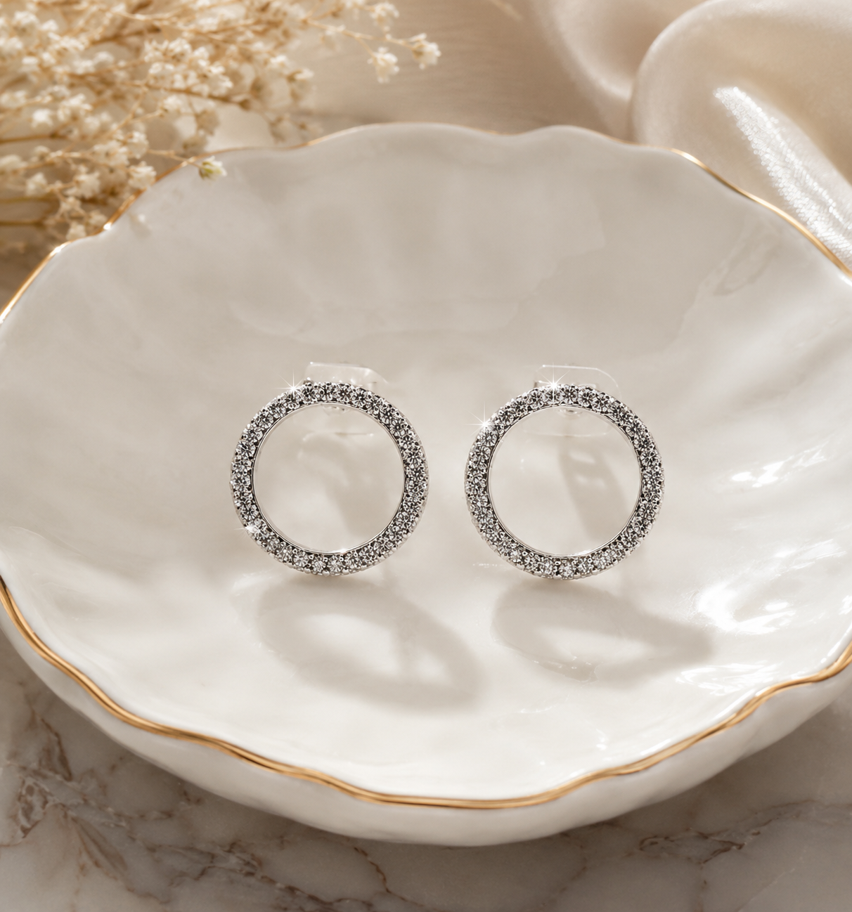 Silver Crystal Circle Stud Earrings