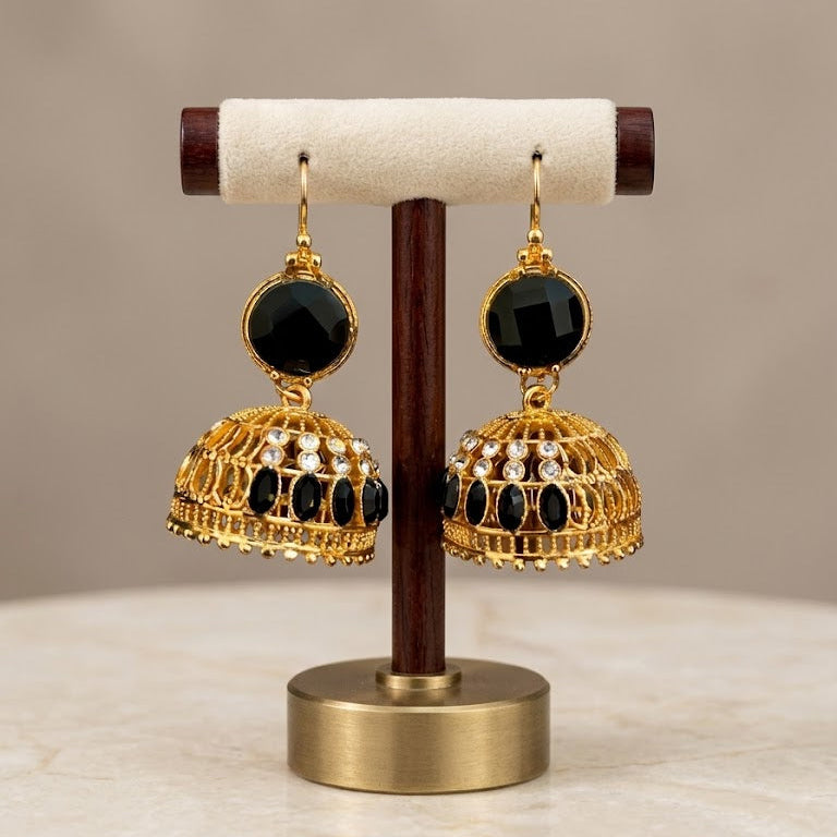 Onyx-Studded Gold Filigree Jhumkas