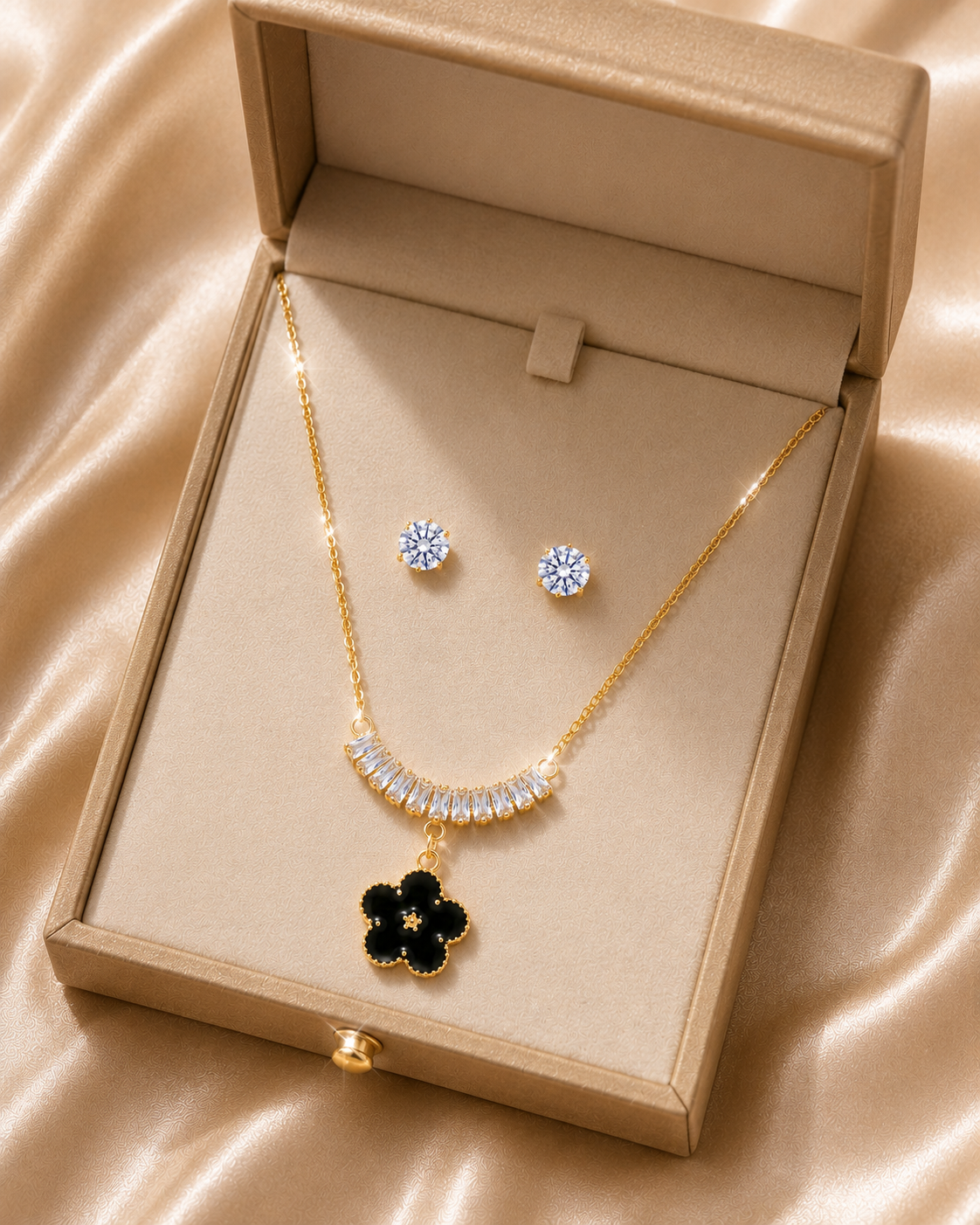 Black Floral Crystal Pendant Set