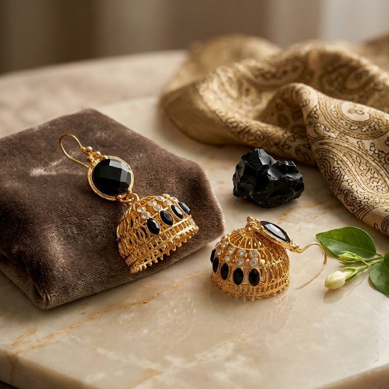 Onyx-Studded Gold Filigree Jhumkas