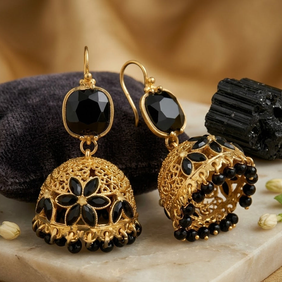 Onyx Floral Filigree Jhumkas