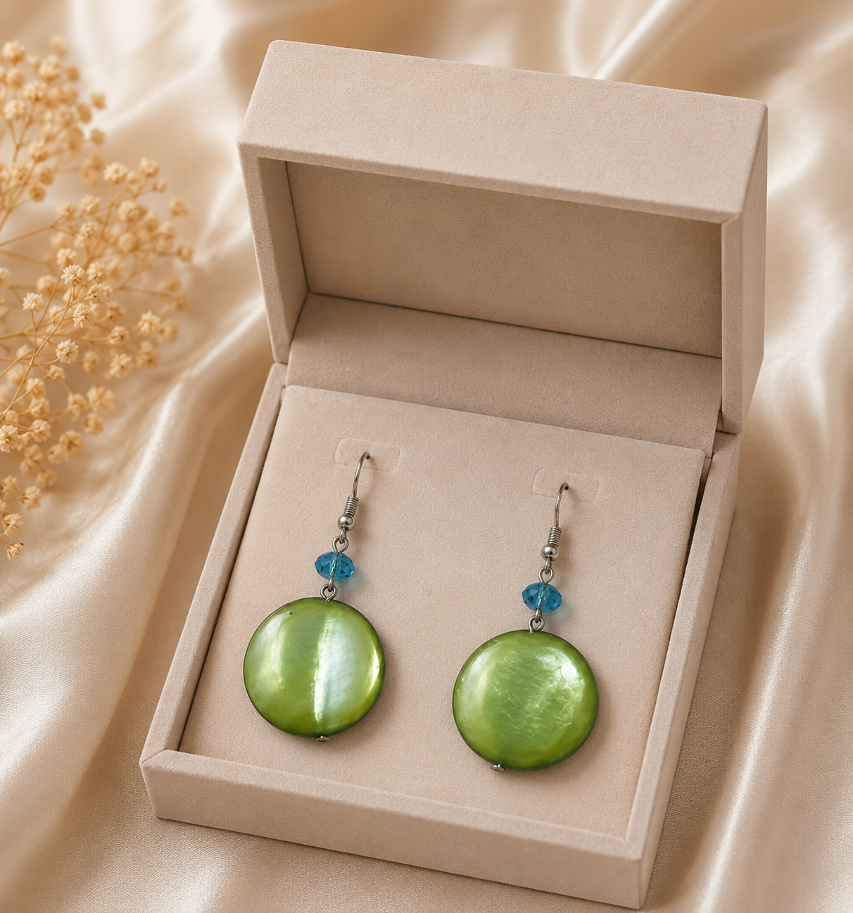 Green Pearl Disc Drop Earrings