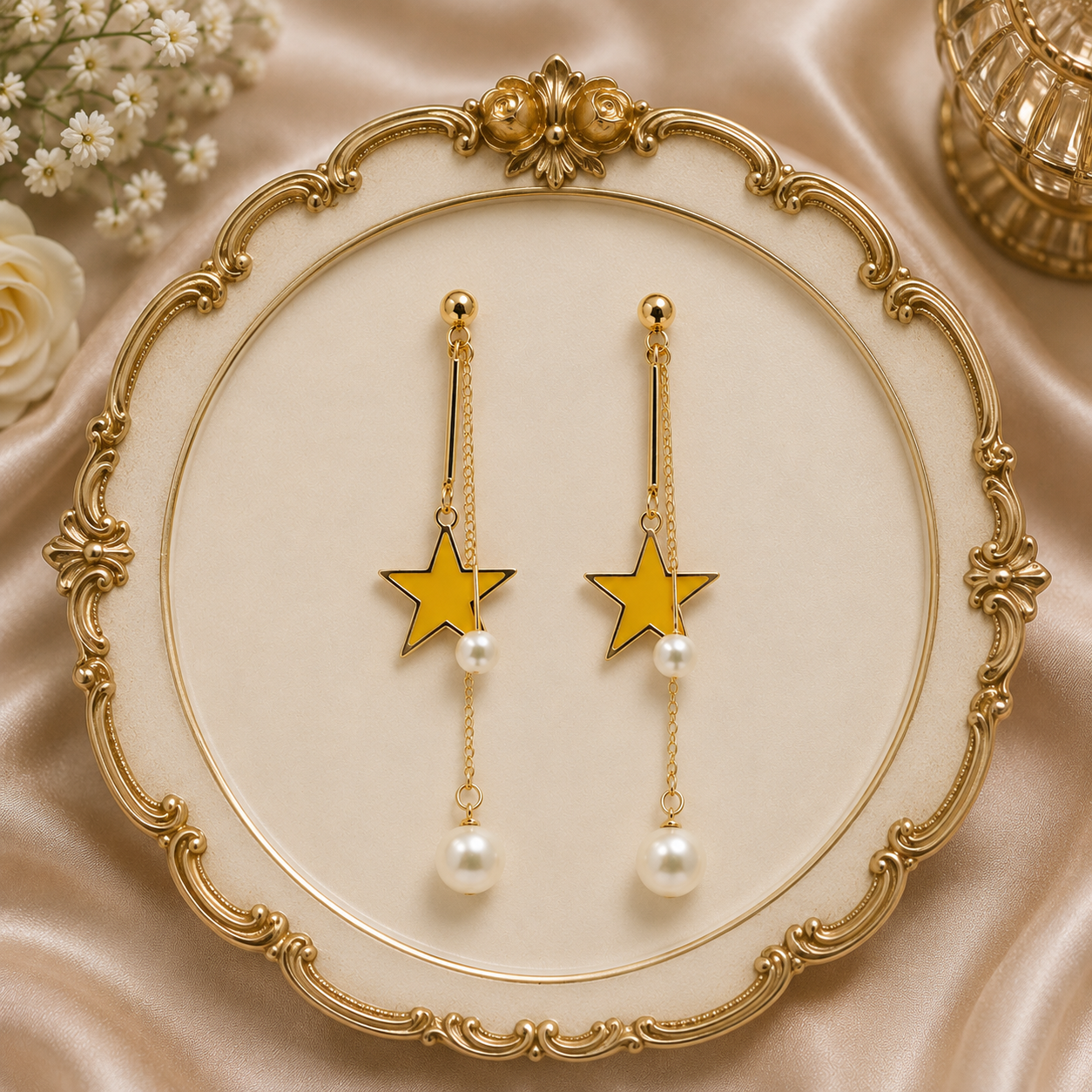 Golden Star Pearl Drop Earrings