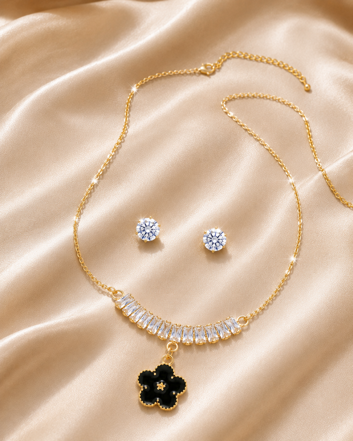 Black Floral Crystal Pendant Set