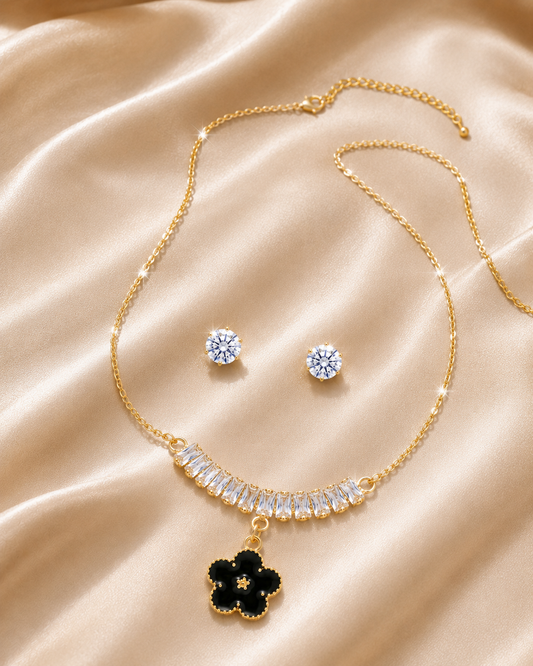 Black Floral Crystal Pendant Set