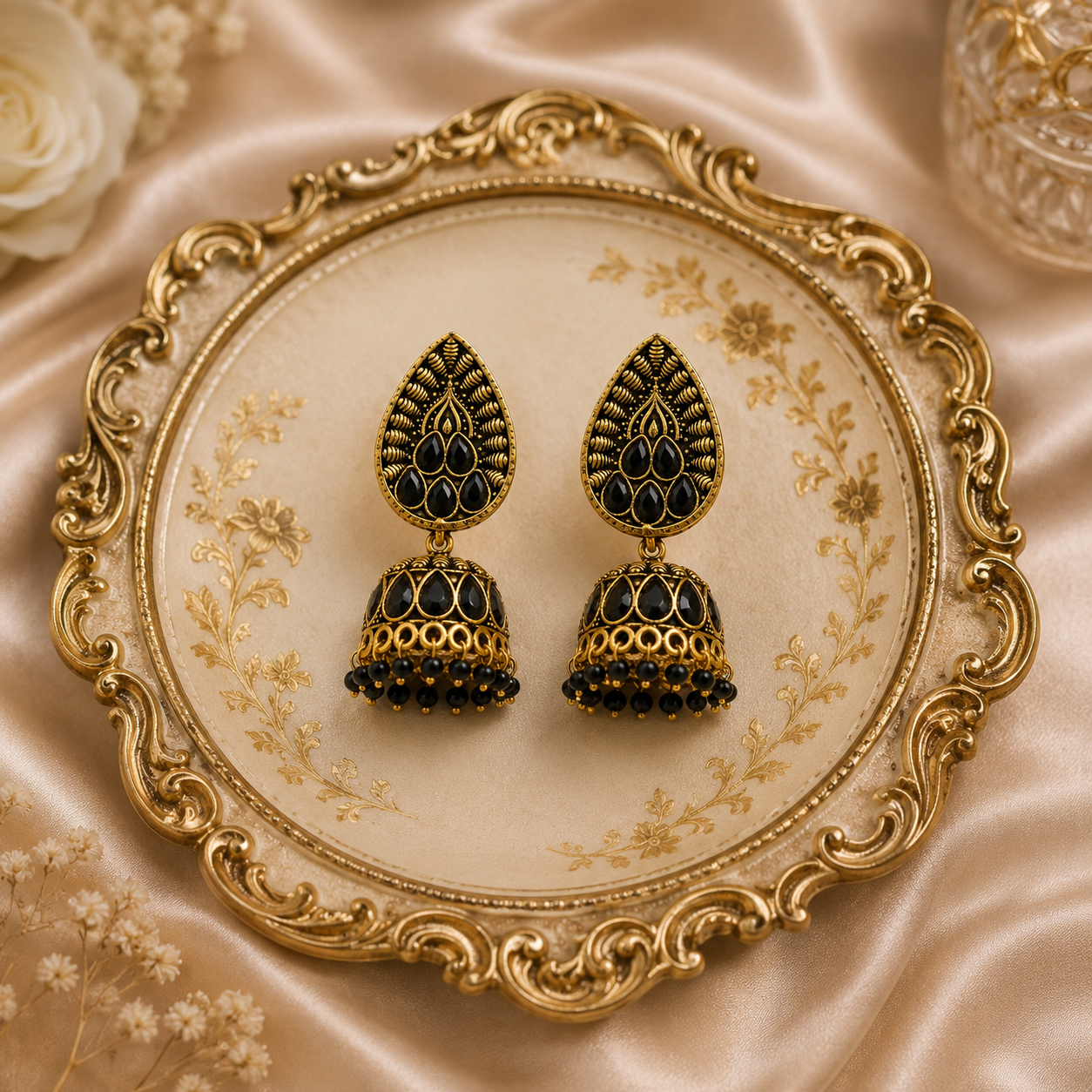 Royal Black Stone Jhumka Earrings
