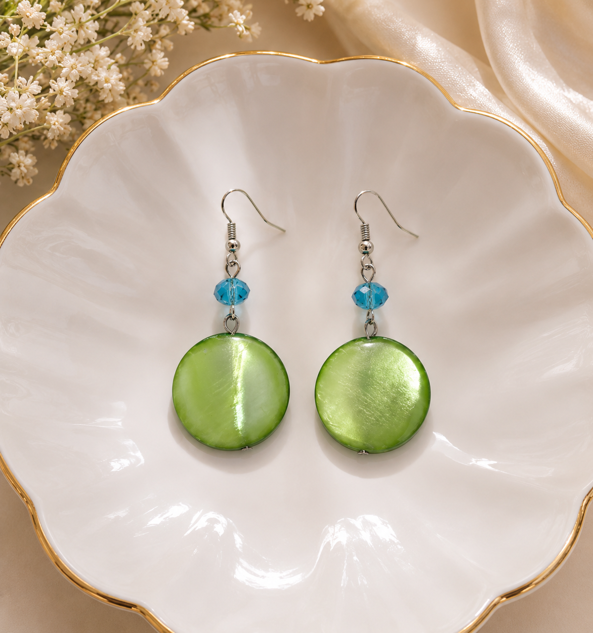 Green Pearl Disc Drop Earrings