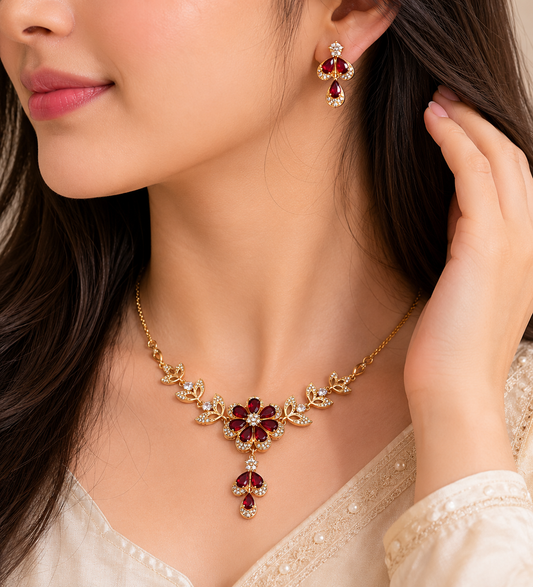 Red Cherry Flower And Leaf Choker Set
