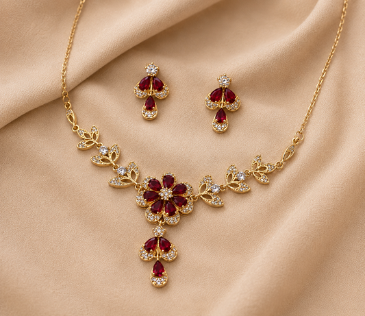 Red Cherry Flower And Leaf Choker Set