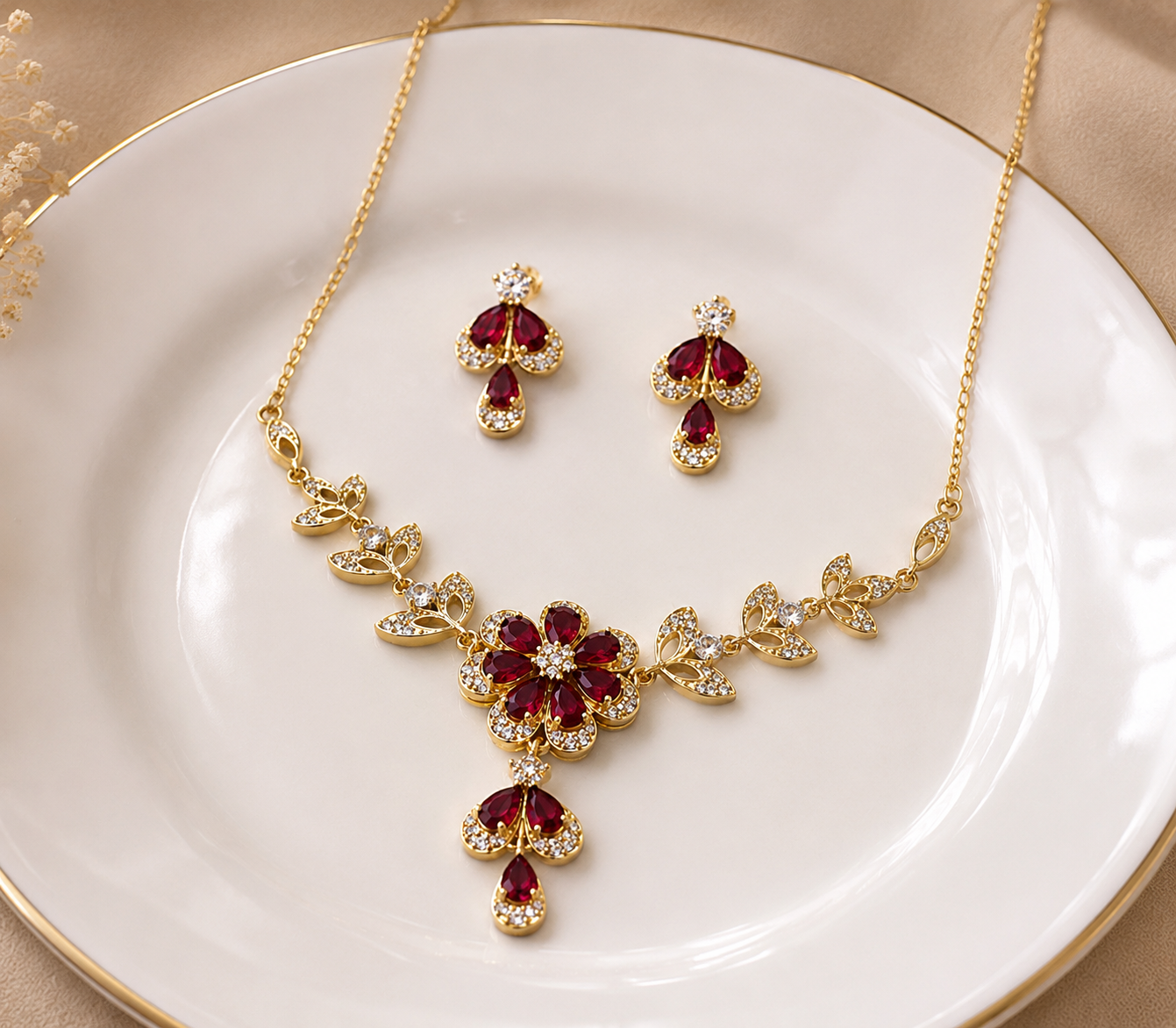 Red Cherry Flower And Leaf Choker Set