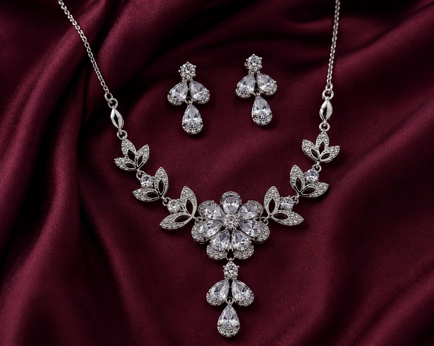 Luxury Silver Zirconia Flower And Leaf Choker Set