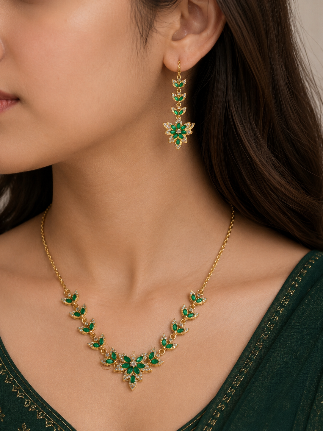 Green Emerald Floral Alloy Choker Set