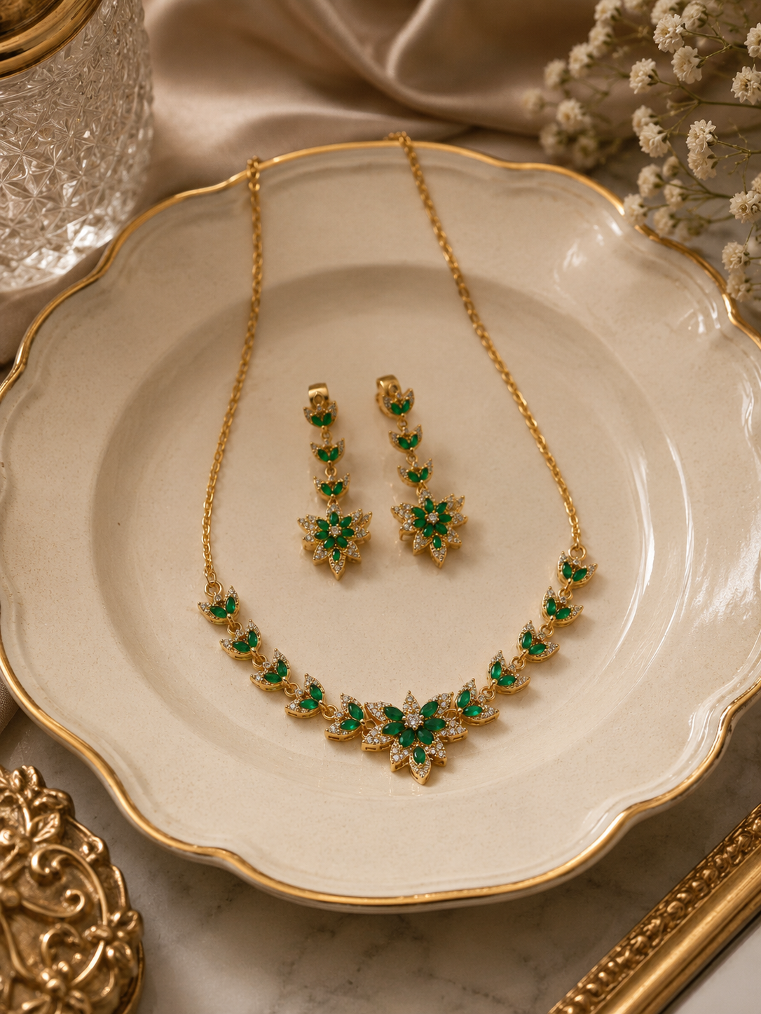 Green Emerald Floral Alloy Choker Set