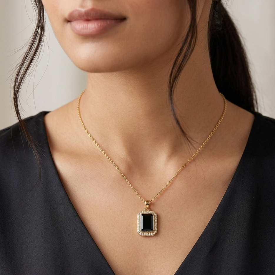 The Midnight Rectangle Halo Pendant.