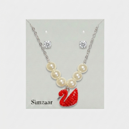 Red Swan Pendant With Crystal Studs Set