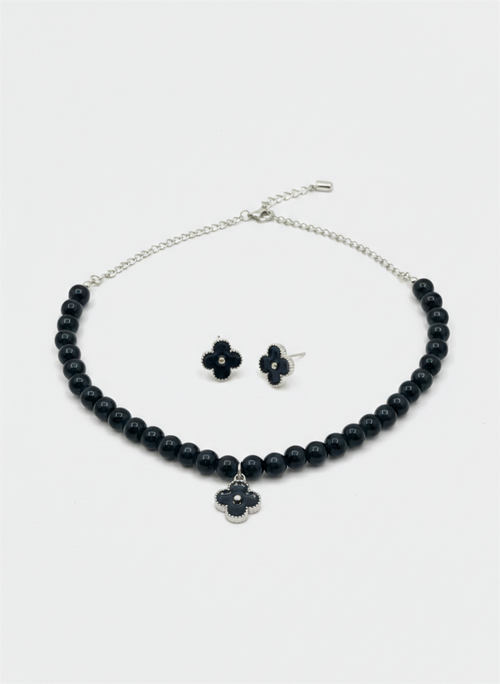 Black Beaded Necklace & Studs Set