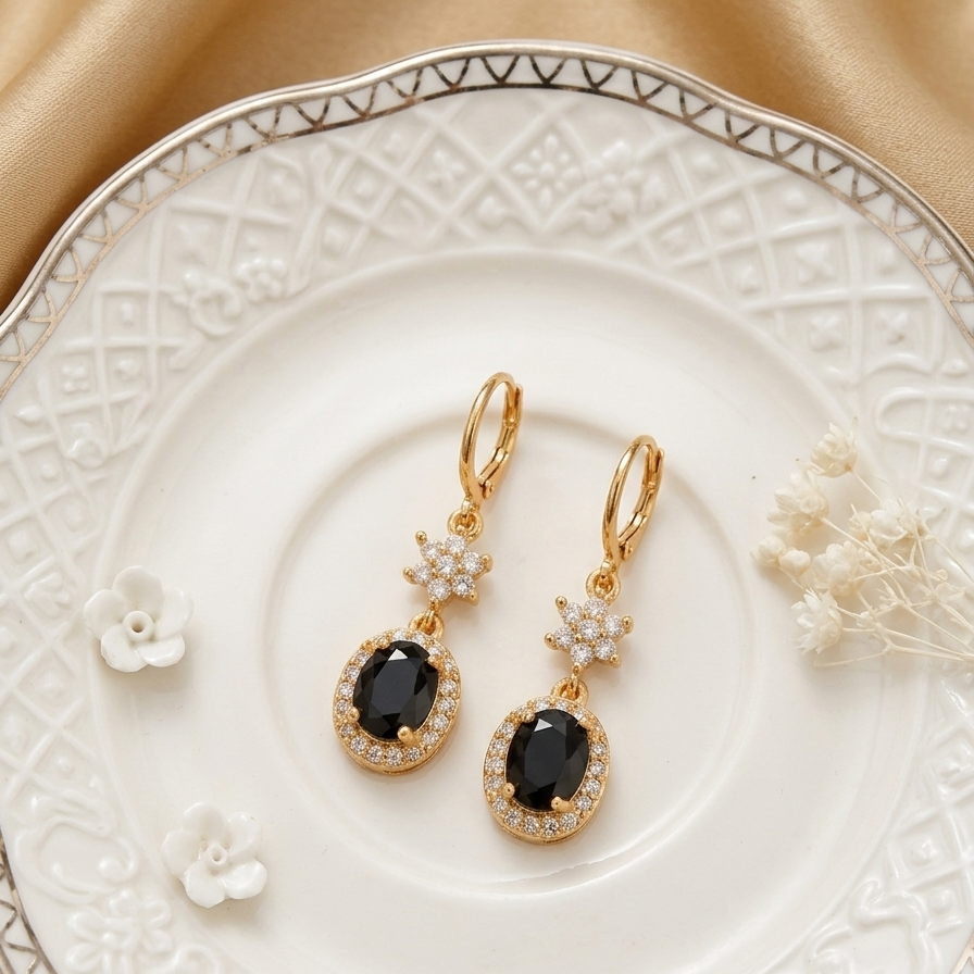 Black Oval Halo Drop Earrings