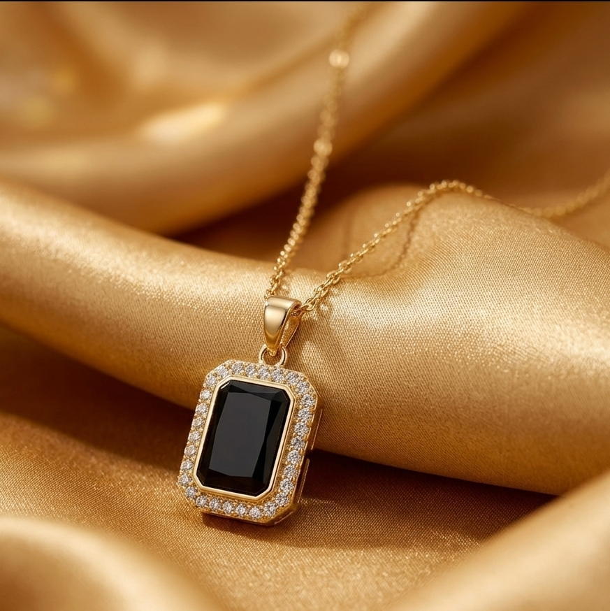 The Midnight Rectangle Halo Pendant.
