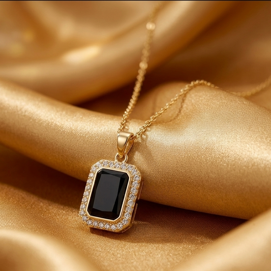 The Midnight Rectangle Halo Pendant.