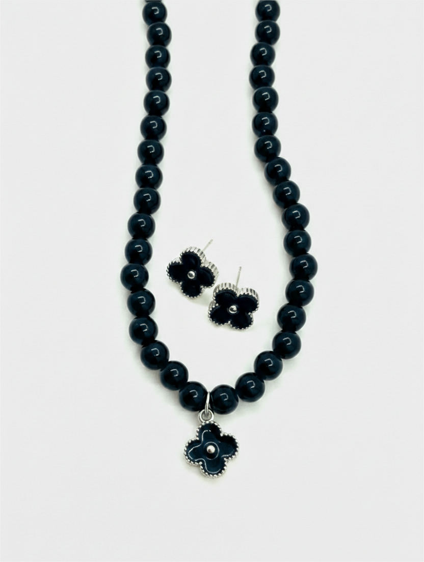 Black Beaded Necklace & Studs Set