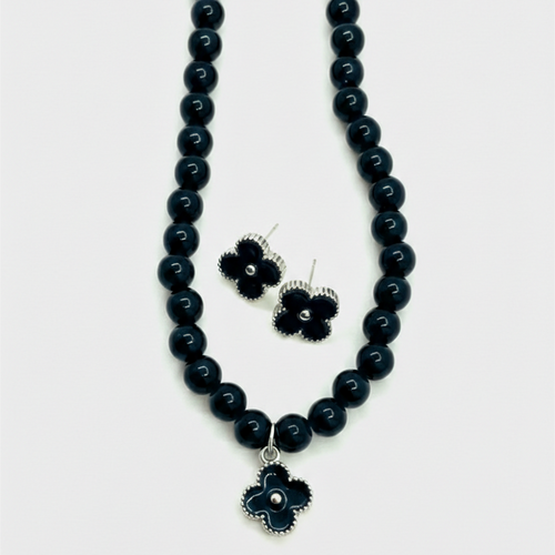 Black Beaded Necklace & Studs Set