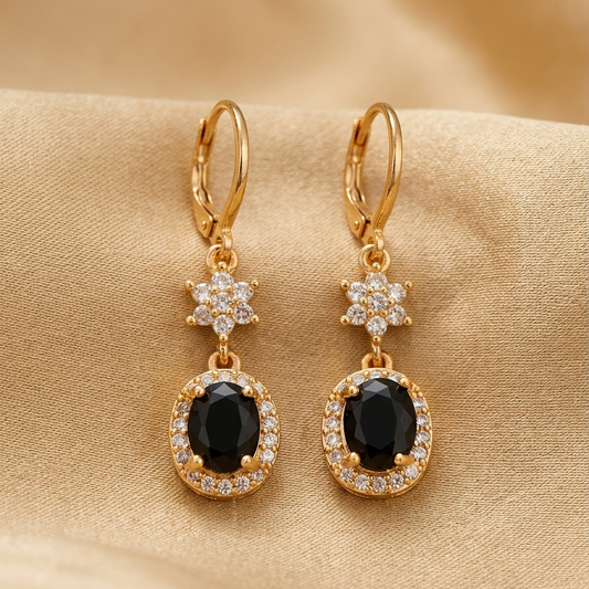Black Oval Halo Drop Earrings