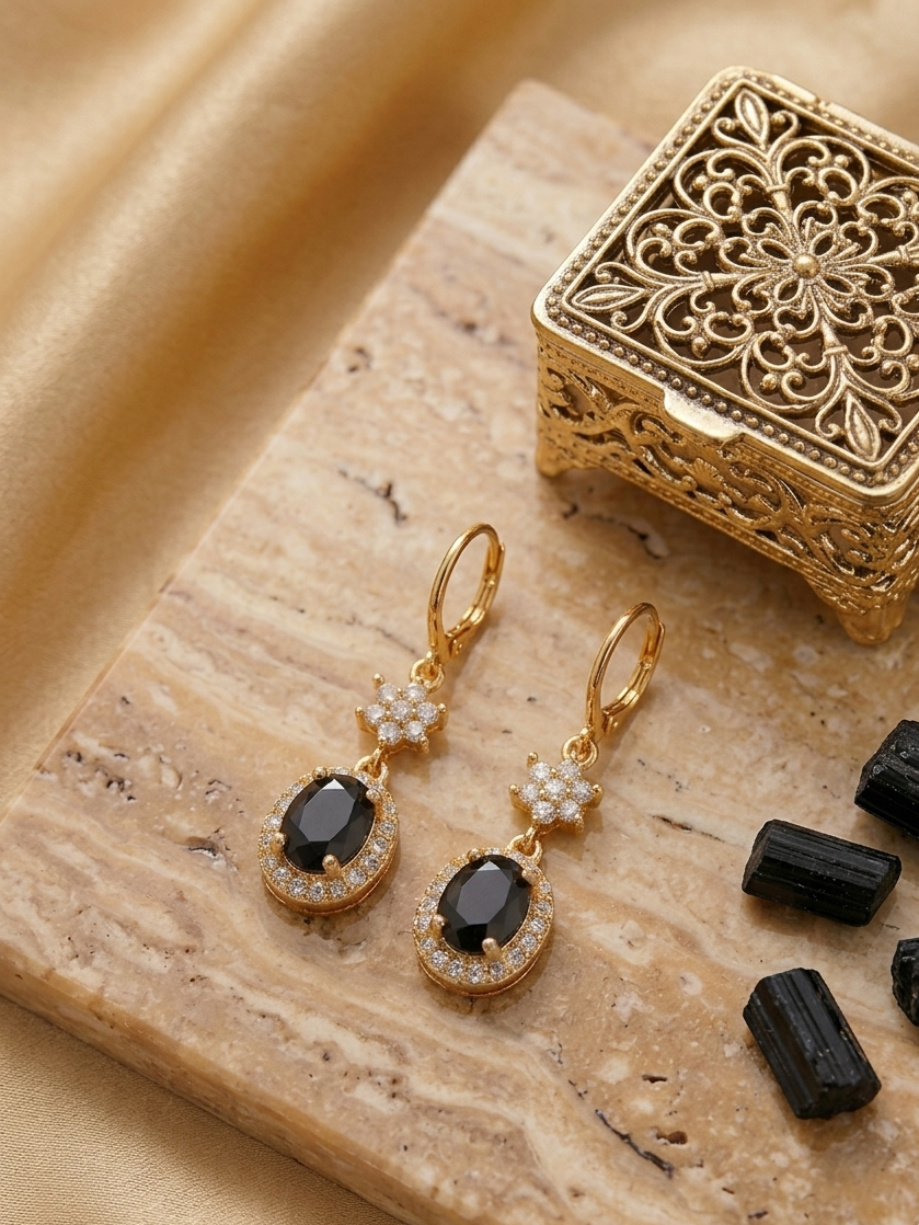 Black Oval Halo Drop Earrings