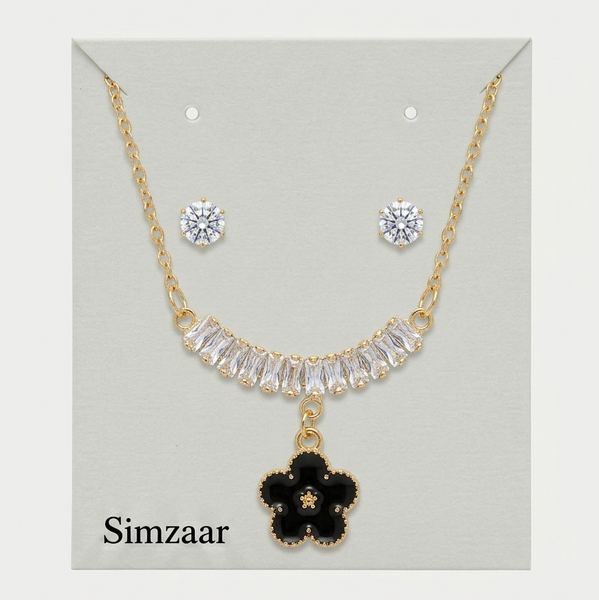 Zirconia Stone Black Flower Pendant With Crystal Studs Set