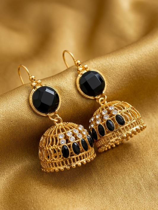 Onyx-Studded Gold Filigree Jhumkas