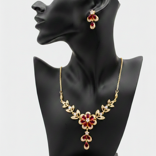 Red Cherry Flower And Leaf Choker Set