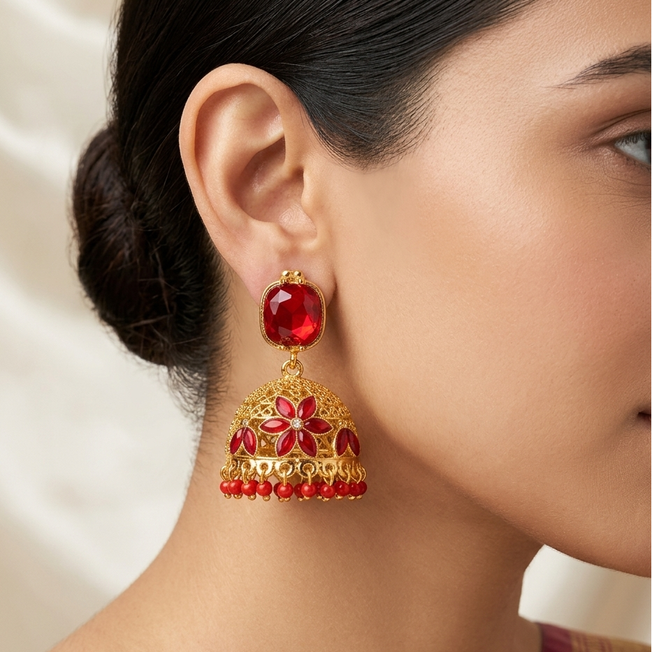Ruby Floral Filigree Jhumkas