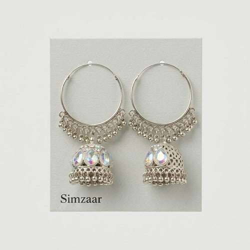 Silver Toned Hoops Dangling Beads Earing