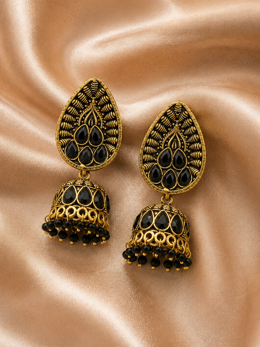 Royal Black Stone Jhumka Earrings