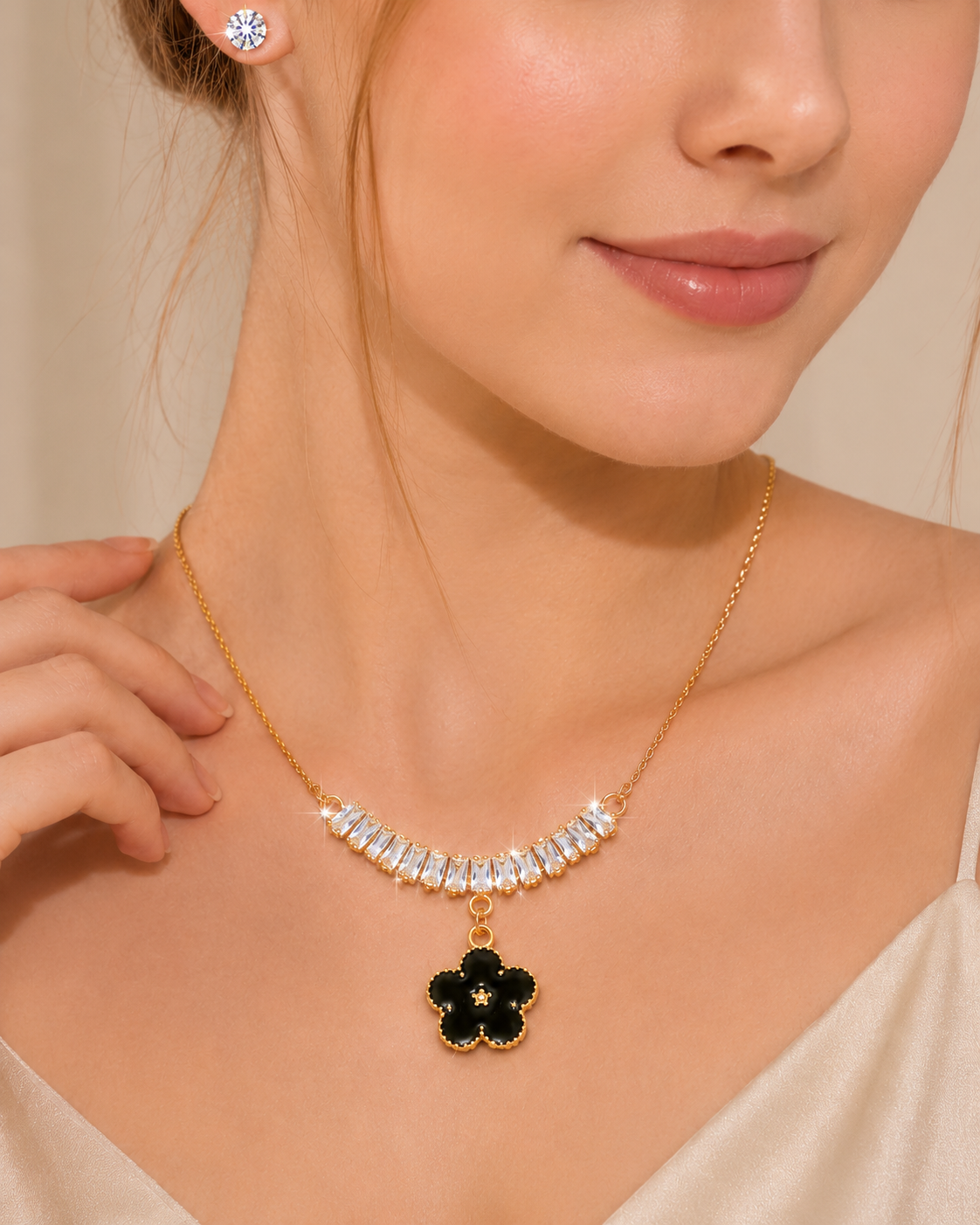 Black Floral Crystal Pendant Set