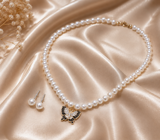 Butterfly Pearl Necklace & Stud Earrings Set