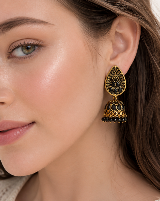 Royal Black Stone Jhumka Earrings