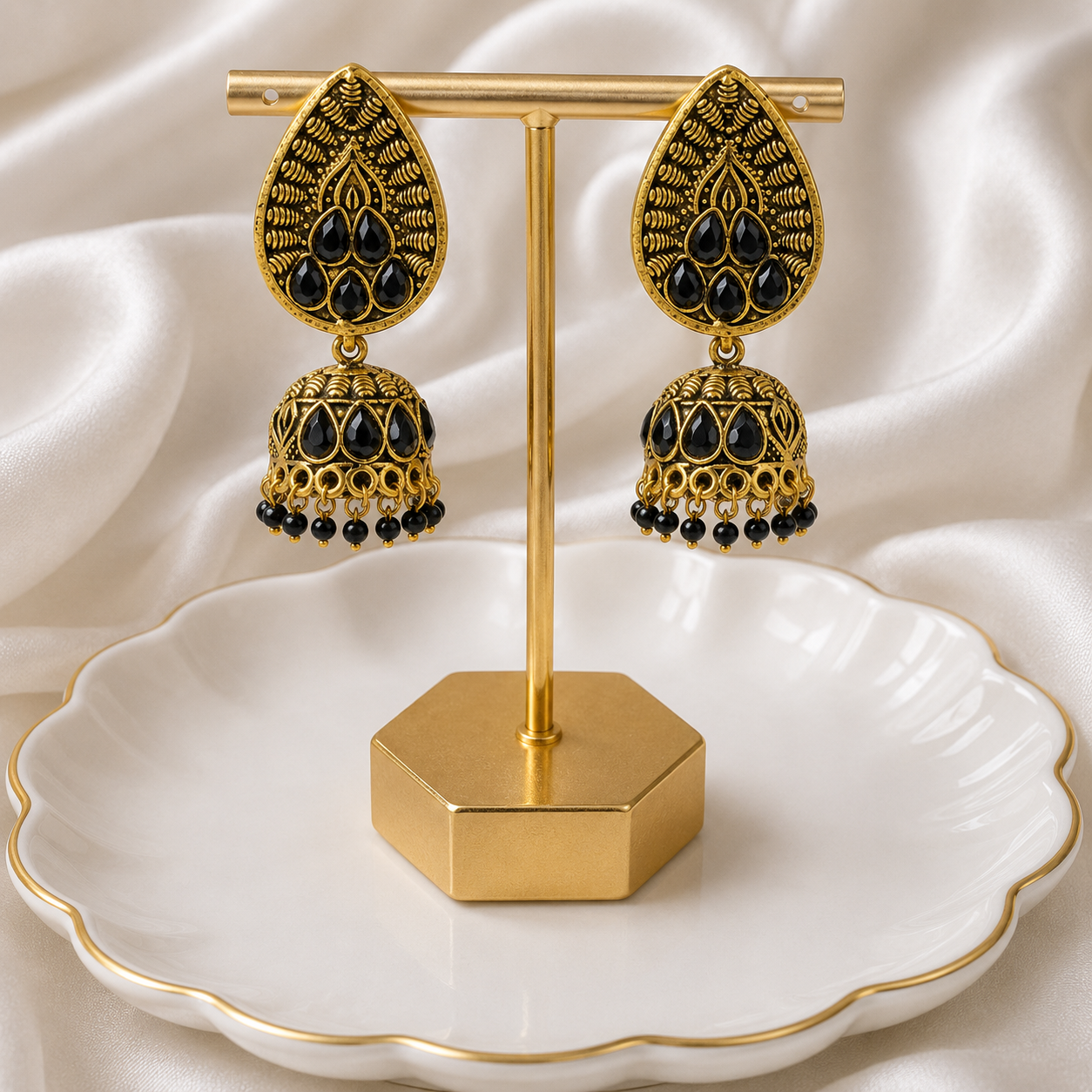 Royal Black Stone Jhumka Earrings