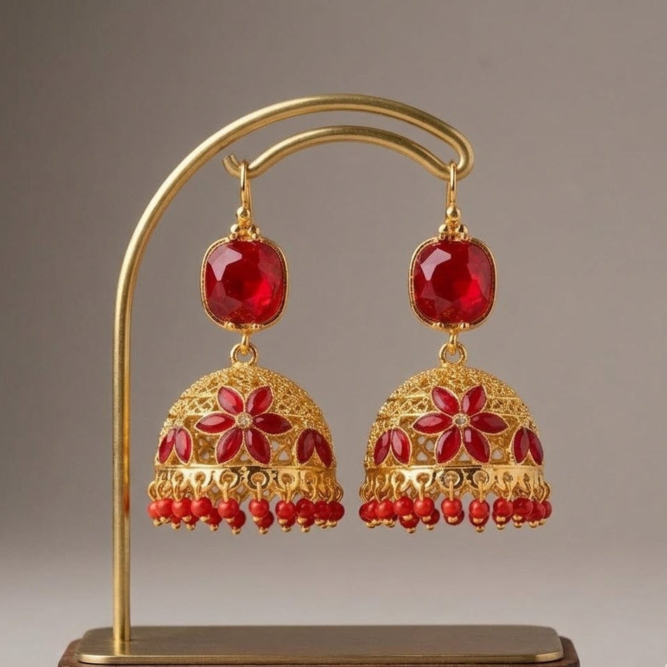 Ruby Floral Filigree Jhumkas