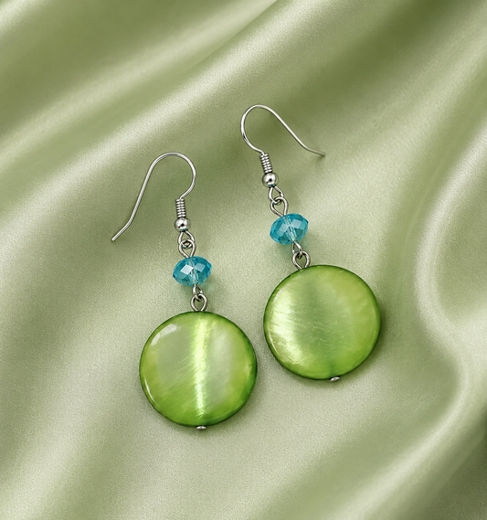 Green Pearl Disc Drop Earrings