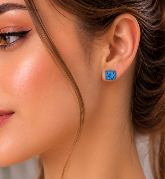 Blue Rose Square Stud Earrings