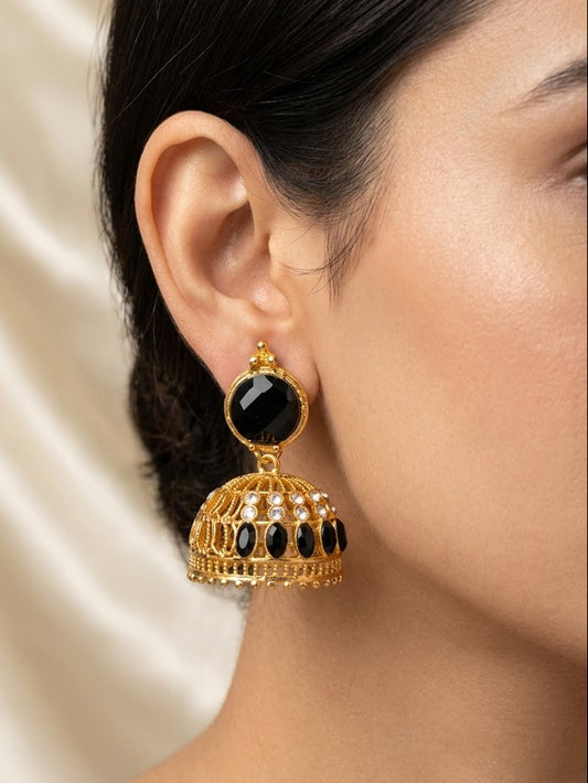 Onyx-Studded Gold Filigree Jhumkas