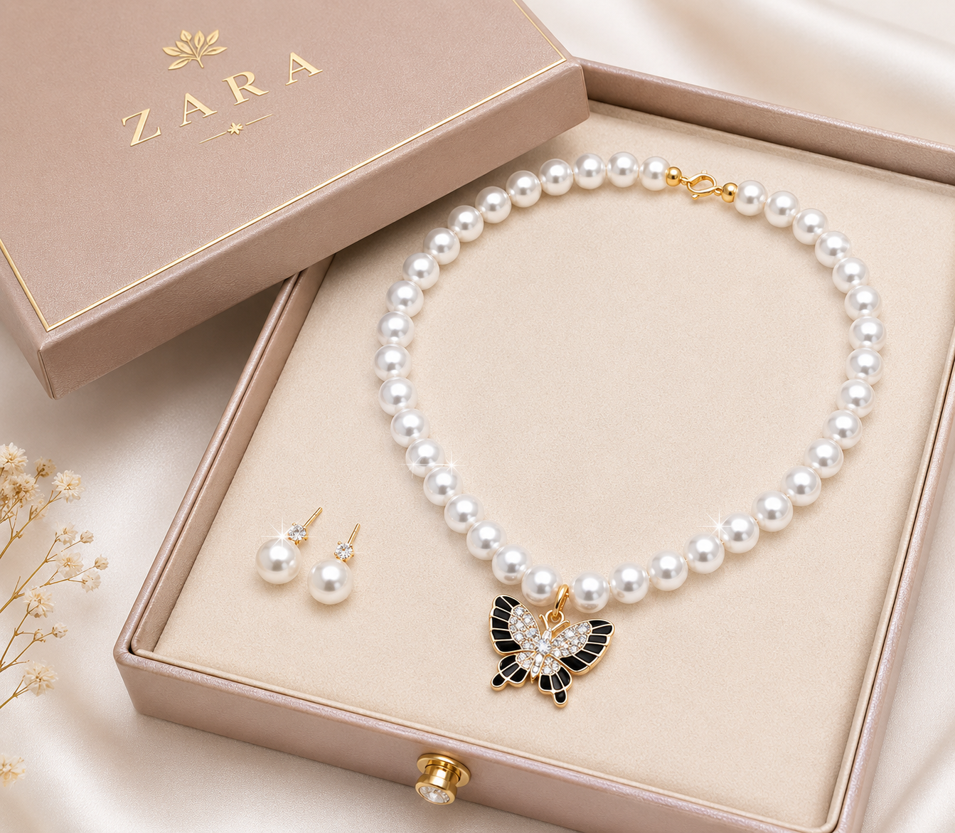 Butterfly Pearl Necklace & Stud Earrings Set