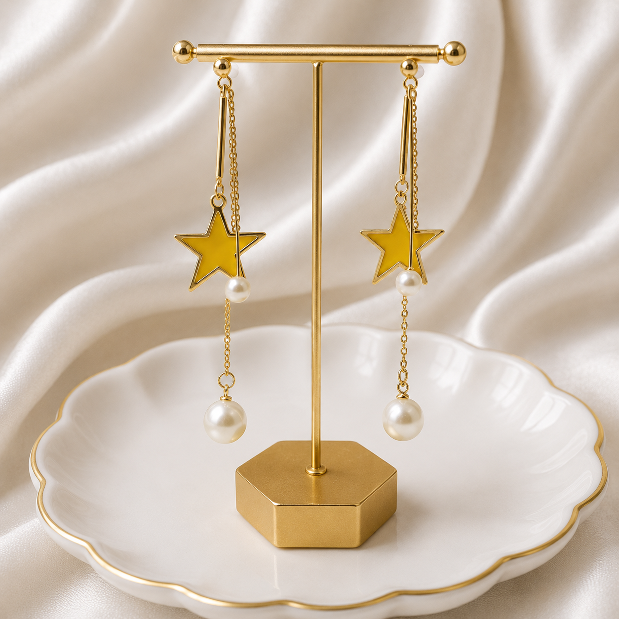 Golden Star Pearl Drop Earrings